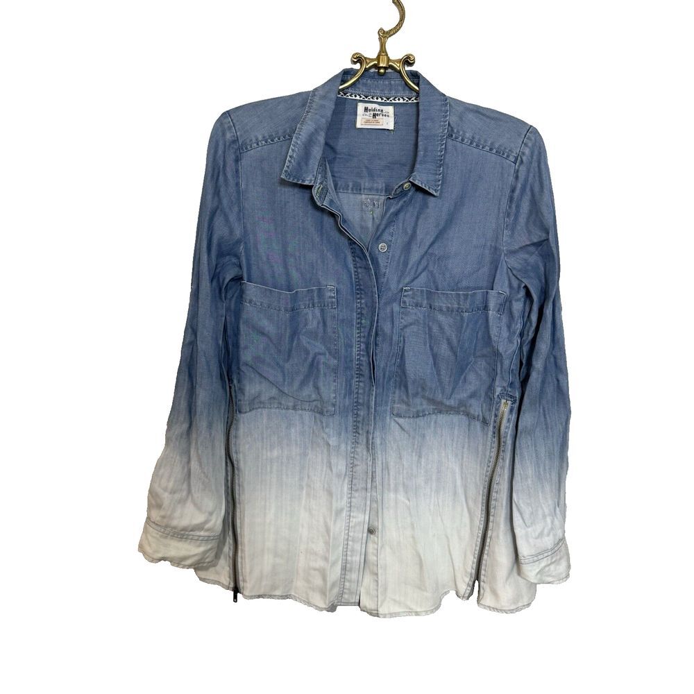 Anthropologie Holding Horses Size 2 Ombré Chambray Button Shirt Zip Sides